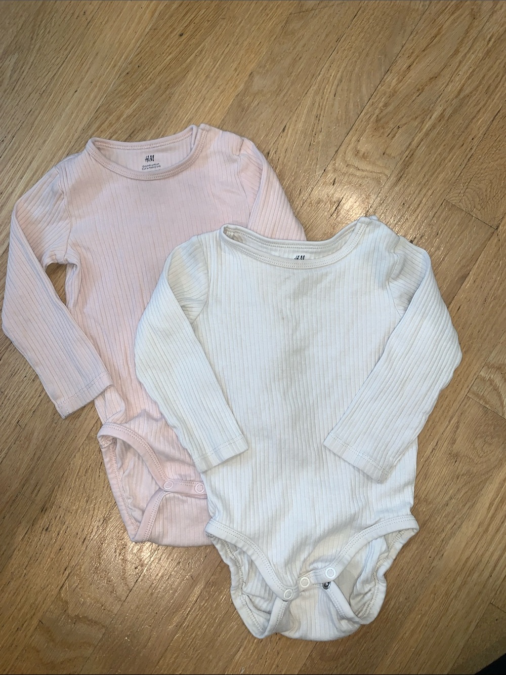 H&M Ribbed Long-Sleeve Baby One-Pieces - Light Pink & Cream (2-Pack)